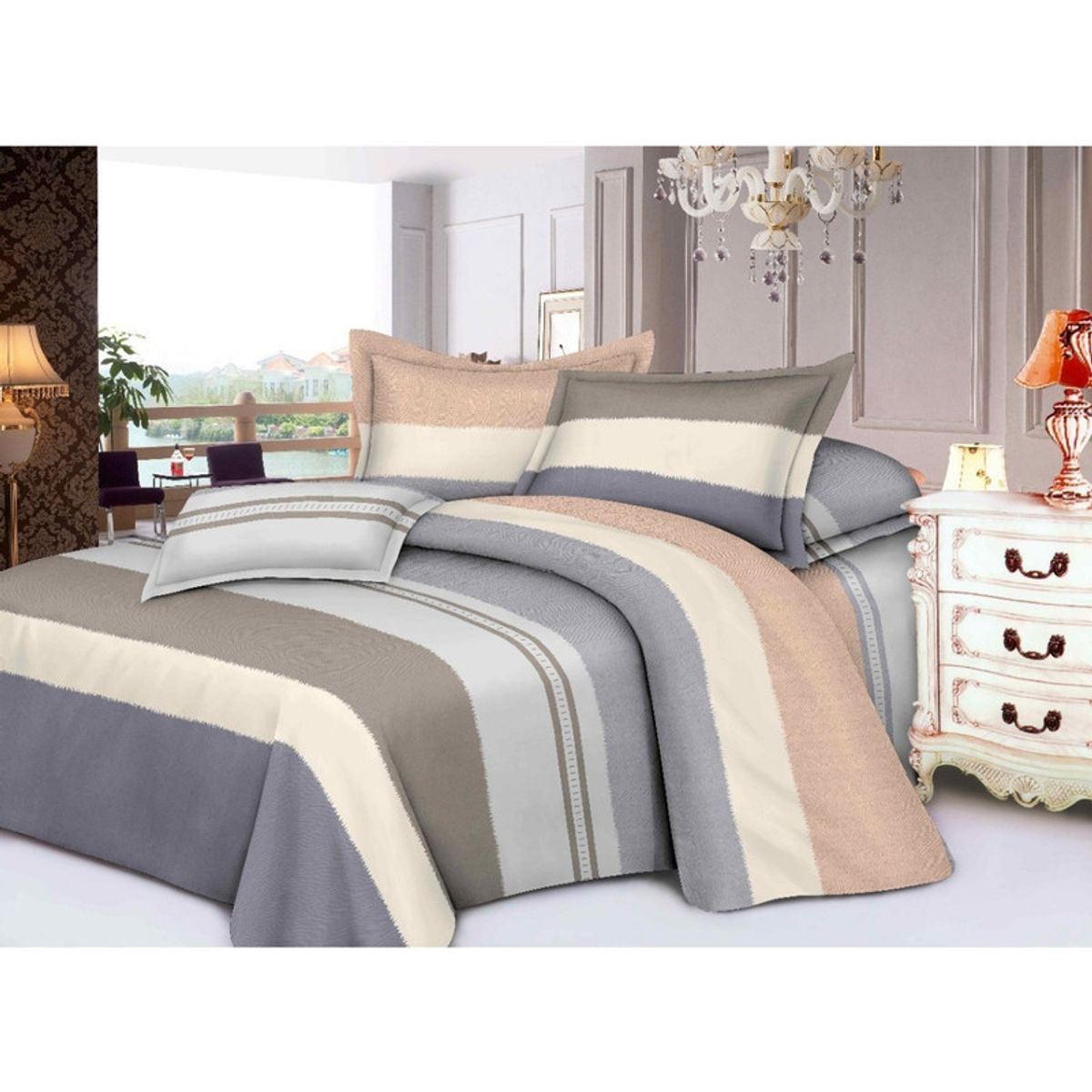 PENTHA - Juego de Sábanas 100% Algodón 2Plazas 4 Piezas 2000 Hilos Verde Olivo Rayas