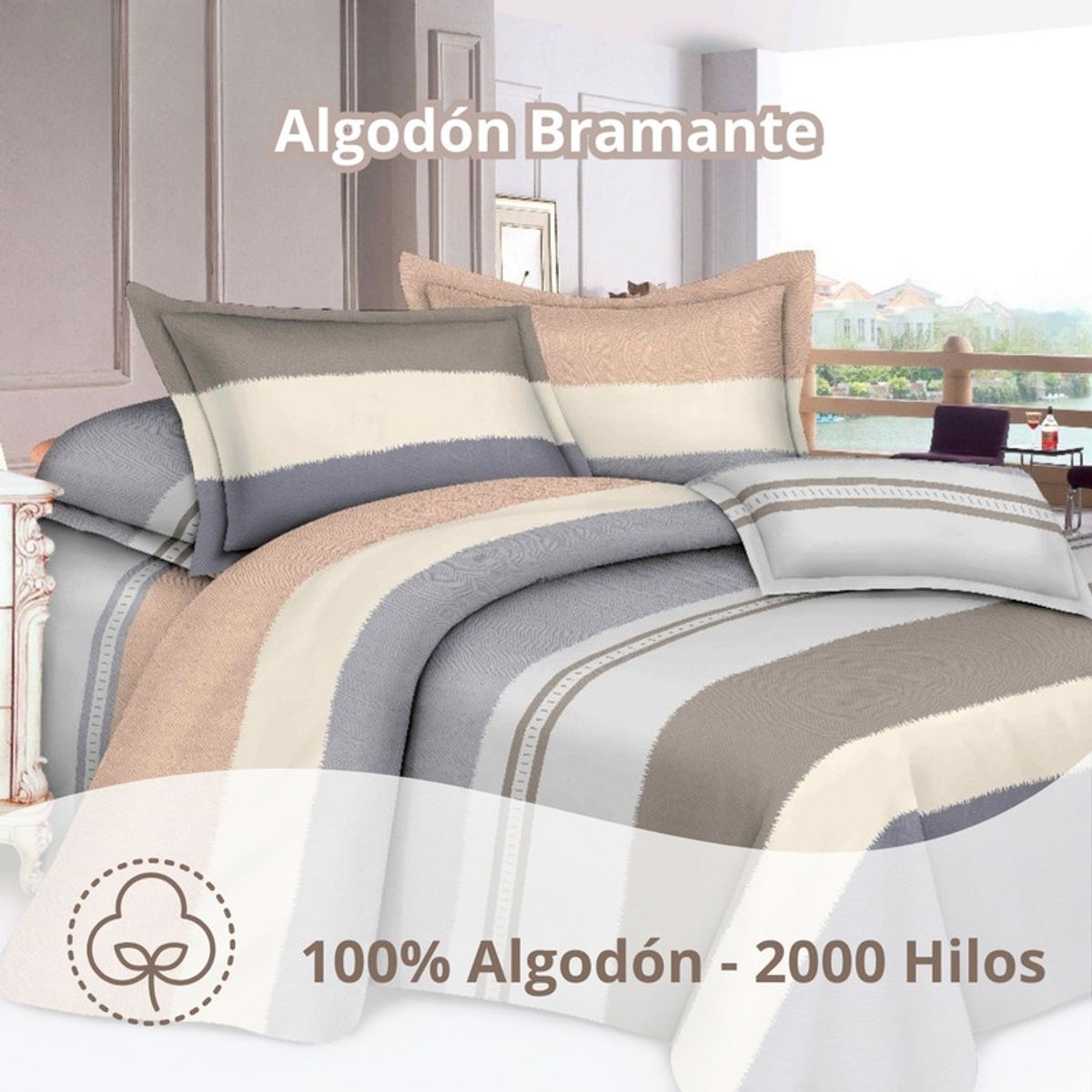 PENTHA - Juego de Sábanas 100% Algodón 2Plazas 4 Piezas 2000 Hilos Verde Olivo Rayas