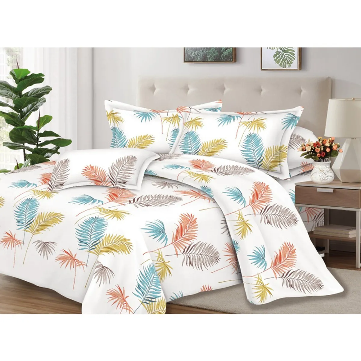 PENTHA - Juego de Sábanas 100% Algodón 2Plazas 4 Piezas 2000 Hilos Blanco Palmera