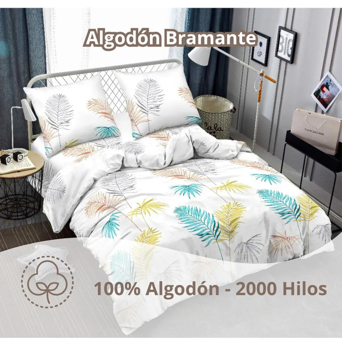 PENTHA - Juego de Sábanas 100% Algodón 2Plazas 4 Piezas 2000 Hilos Blanco Palmera