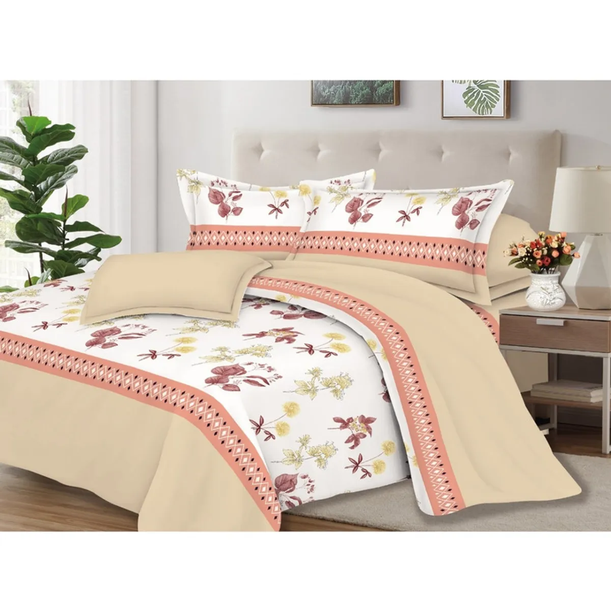 PENTHA - Juego de Sábanas 100% Algodón 2Plazas 4 Piezas 2000 Hilos Blanco Beige