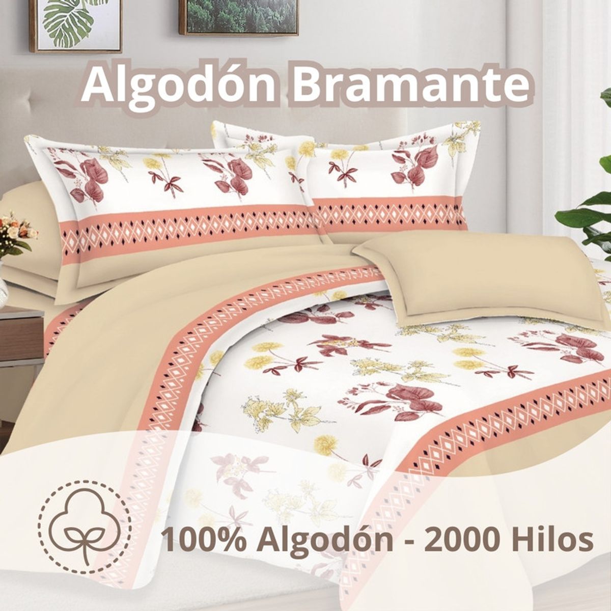 PENTHA - Juego de Sábanas 100% Algodón 2Plazas 4 Piezas 2000 Hilos Blanco Beige