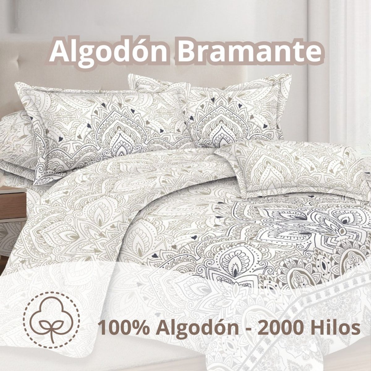 PENTHA - Juego de Sábanas 100% Algodón 2Plazas 4 Piezas 2000 Hilos Blanco Gris