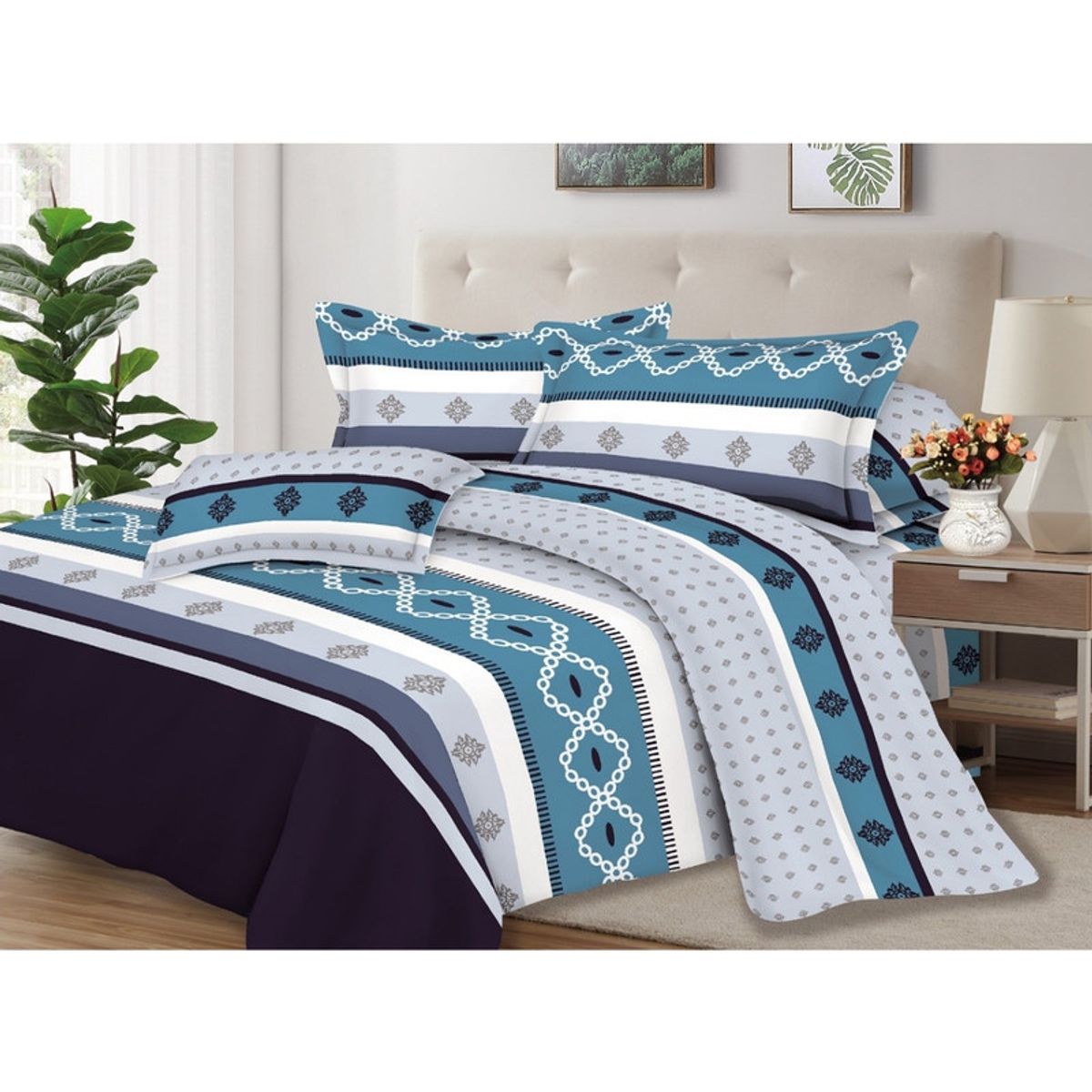 PENTHA - Juego de Sábanas 100% Algodón 2Plazas 4 Piezas 2000 Hilos Celeste Gris