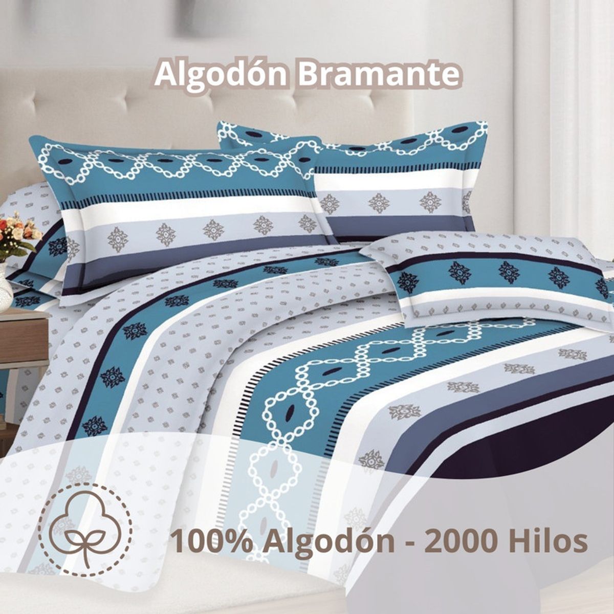 PENTHA - Juego de Sábanas 100% Algodón 2Plazas 4 Piezas 2000 Hilos Celeste Gris