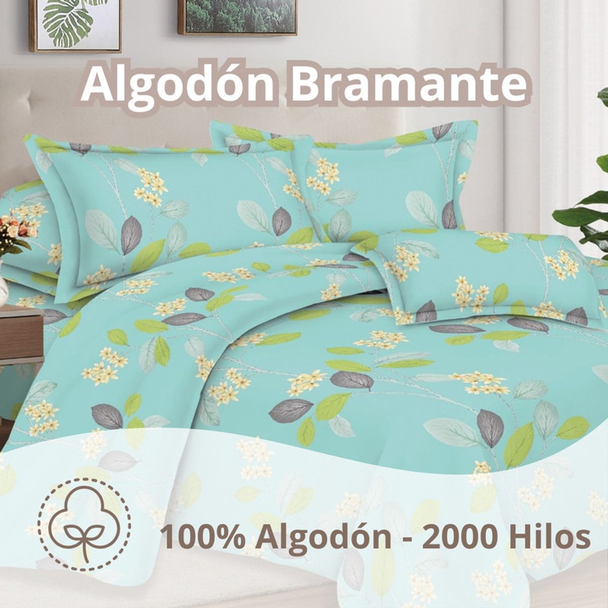 PENTHA - Juego de Sábanas 100% Algodón 2Plazas 4 Piezas 2000 Hilos Verde Agua