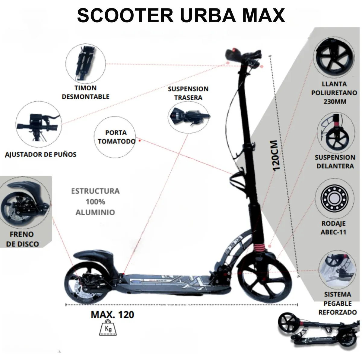 GENERICO - Scooter Urba Max para niño adulto color negro