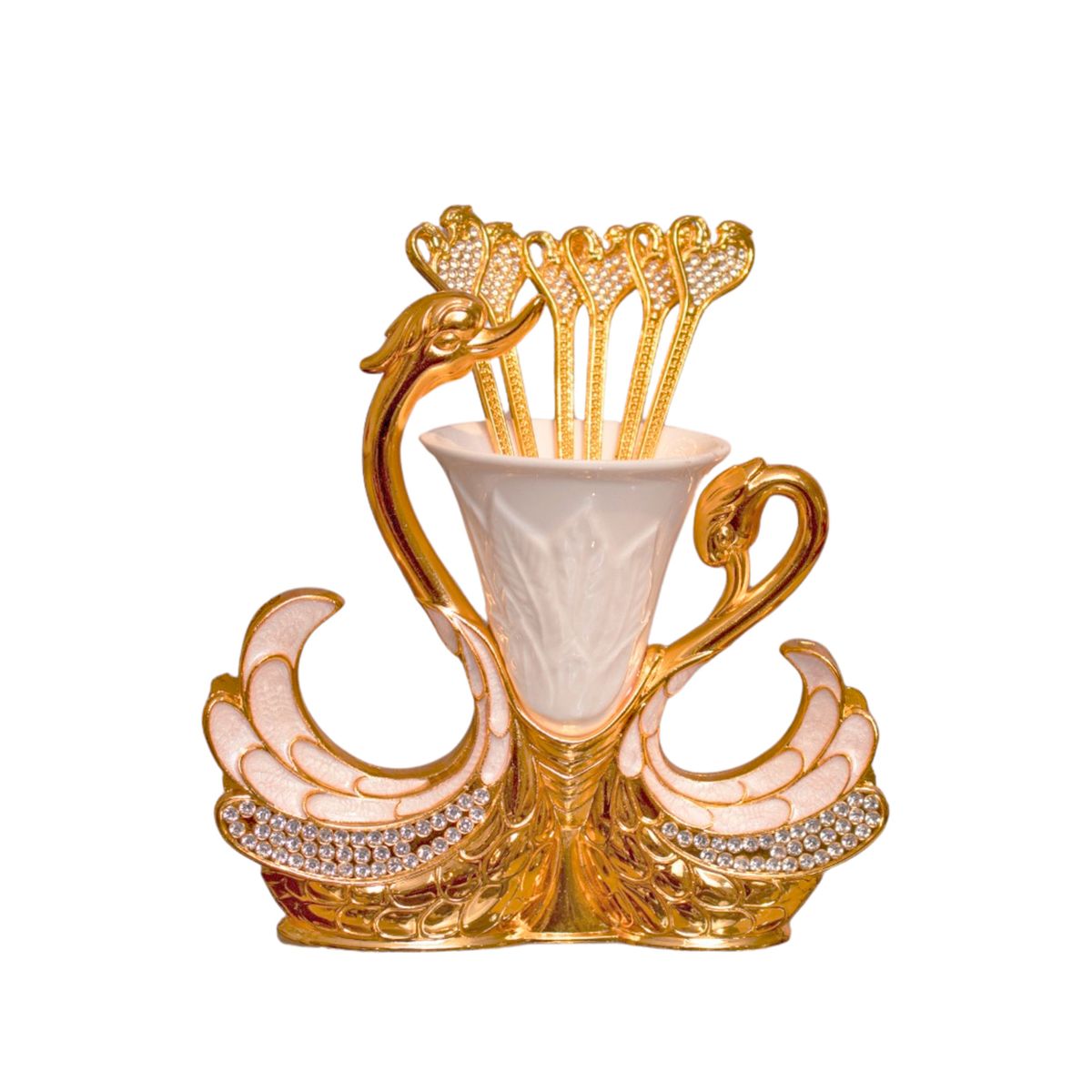 PANADECOR - Porta Cubiertos Panadecor Cisne Dorado Con 6 Cucharitas 14Cm Plaque