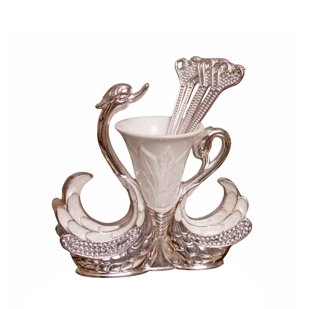 PANADECOR - Porta Cubiertos Panadecor Cisne Plateado Con 6 Cucharitas 14Cm Plaque