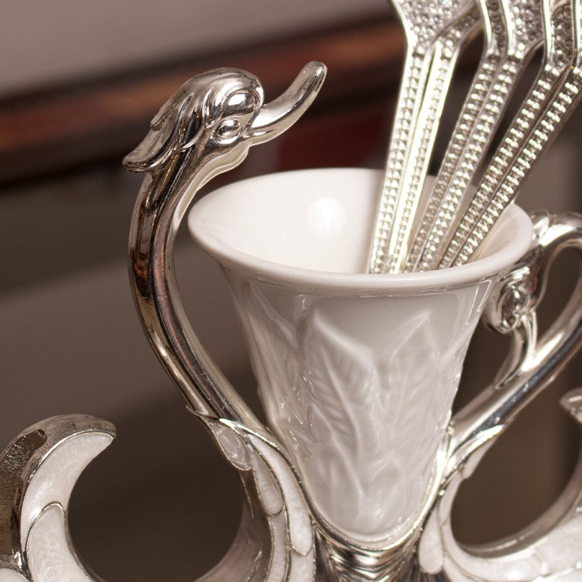 PANADECOR - Porta Cubiertos Panadecor Cisne Plateado Con 6 Cucharitas 14Cm Plaque