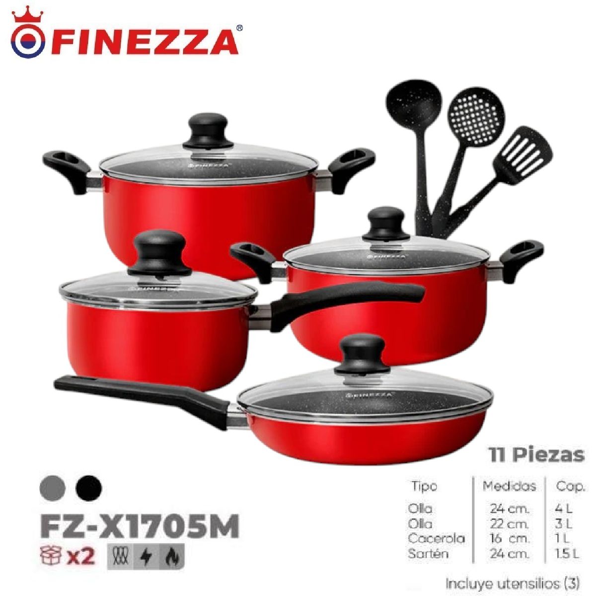 FINEZZA - Nuevo Juego de Ollas antiadherente 11 Pzs FZ-X1705M-Rojo
