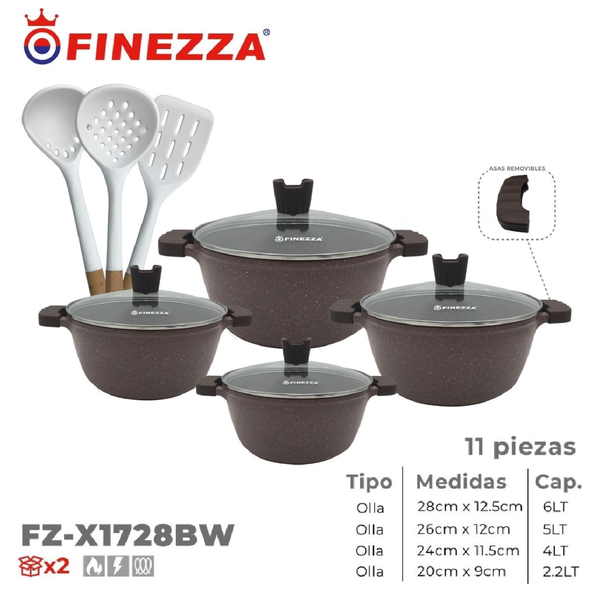 FINEZZA - Juego de ollas aluminio fundido ultragranito 11pzs FZ-X1728BW