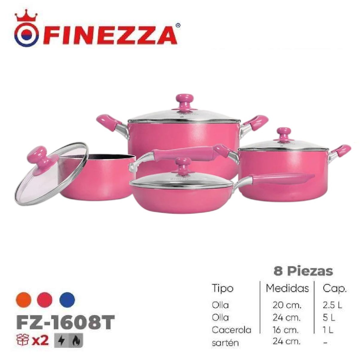 FINEZZA - Juego de ollas antiadherentes de 8 pzas. FZ-1608T-Rosa