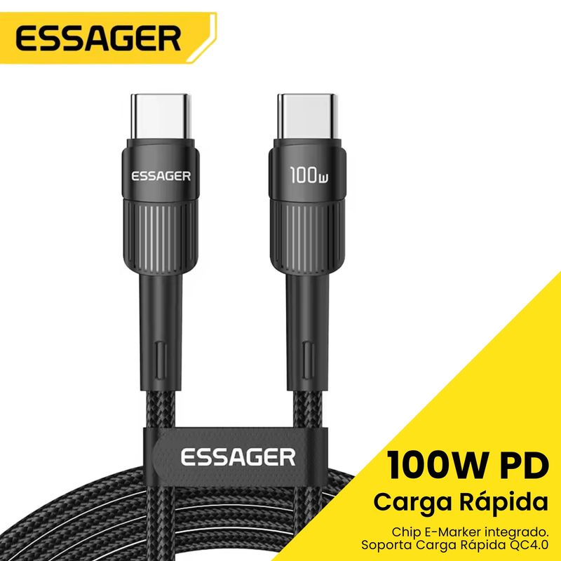 ESSAGER - Cable USB-C 100W ESSAGER Carga Rápida 2 metros para Celular Mac iPhone