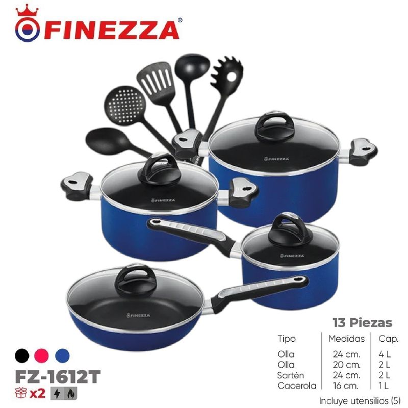 FINEZZA - Juego de ollas antiadherentes de 13 pzs FZ-1612T -Azul