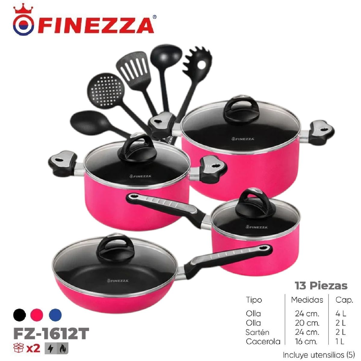 FINEZZA - Juego de ollas antiadherentes de 13 pzs FZ-1612T -Rosa
