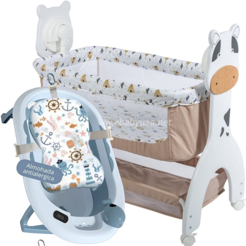 EBABY - Cuna Mecedora Eléctrica Aura BEIGE + Tina plegable cojín C
