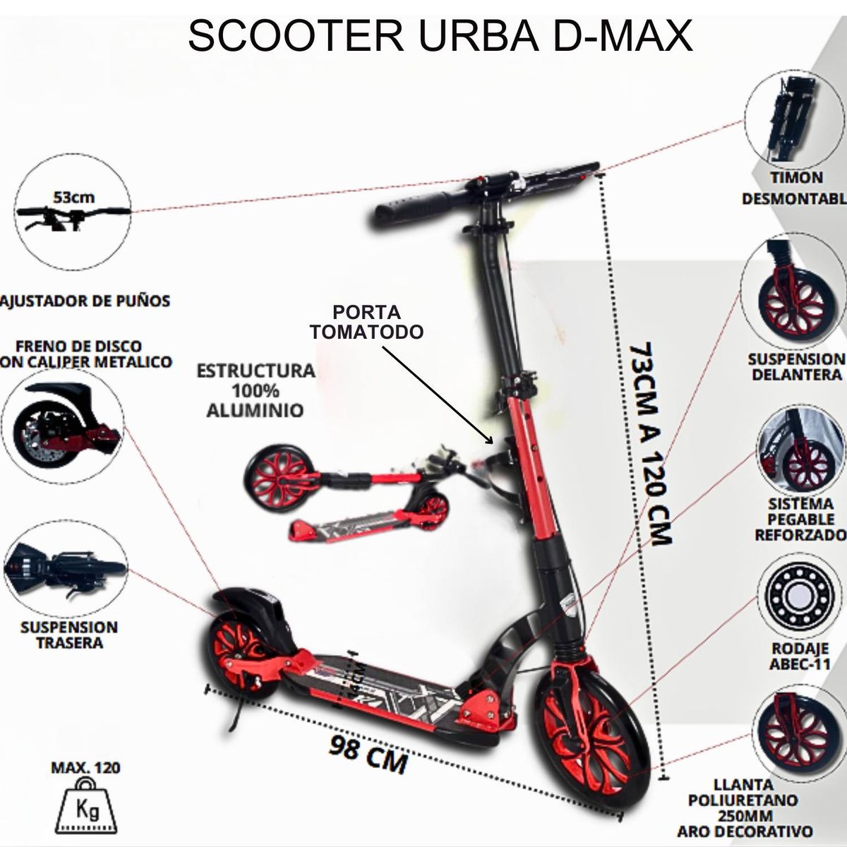 GENERICO - Scooter Urba D Max para niño y adulto color rojo