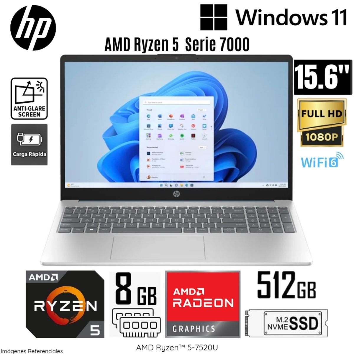 HP - Laptop HP 15-FC0071LA AMD Ryzen 5-7520U 8GB RAM 512GB SSD 15.6"  FHD Windows 11 Home