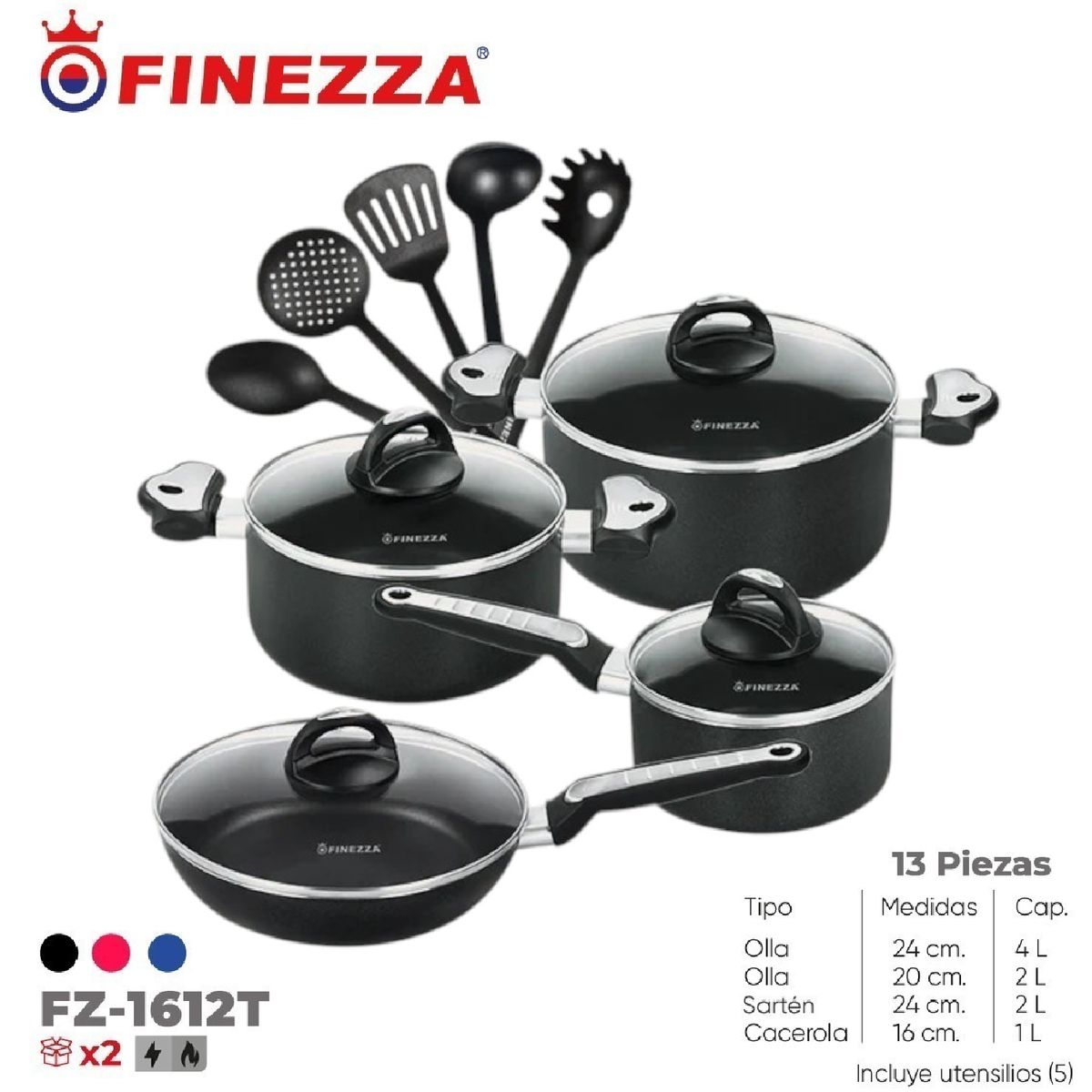 FINEZZA - Juego de ollas antiadherentes de 13 pzs FZ-1612T -Negro