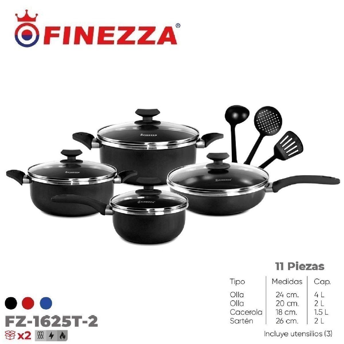 FINEZZA - Juego de ollas antiadherentes de 11 pzs FZ-1625T-2-Negro