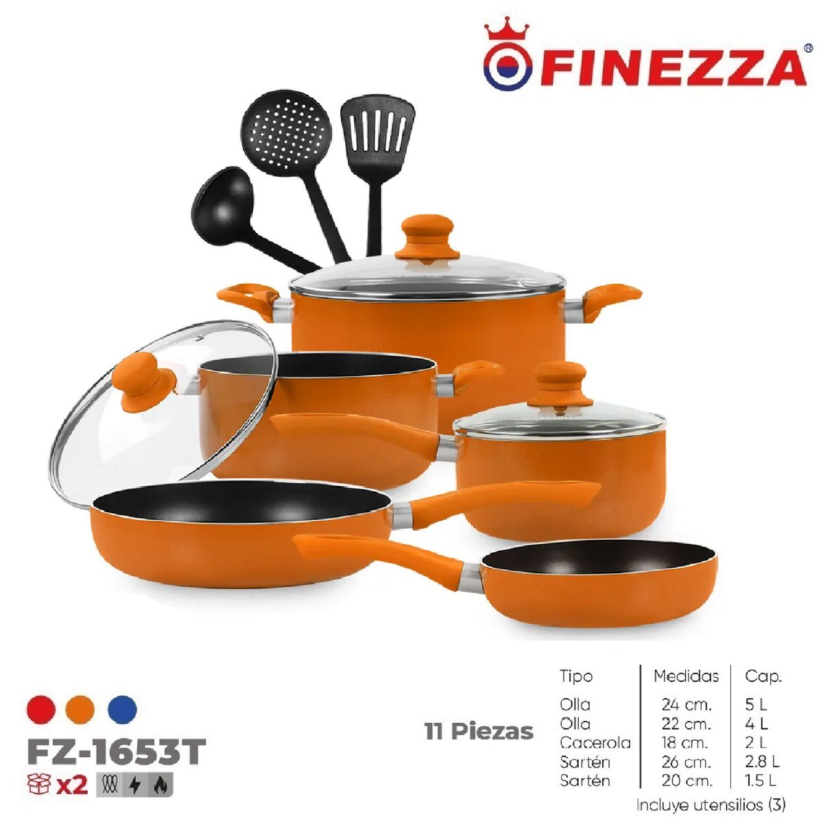 FINEZZA - Set de Ollas Antiadherentes Finezza 11 pzas FZ-1653T-Naranja