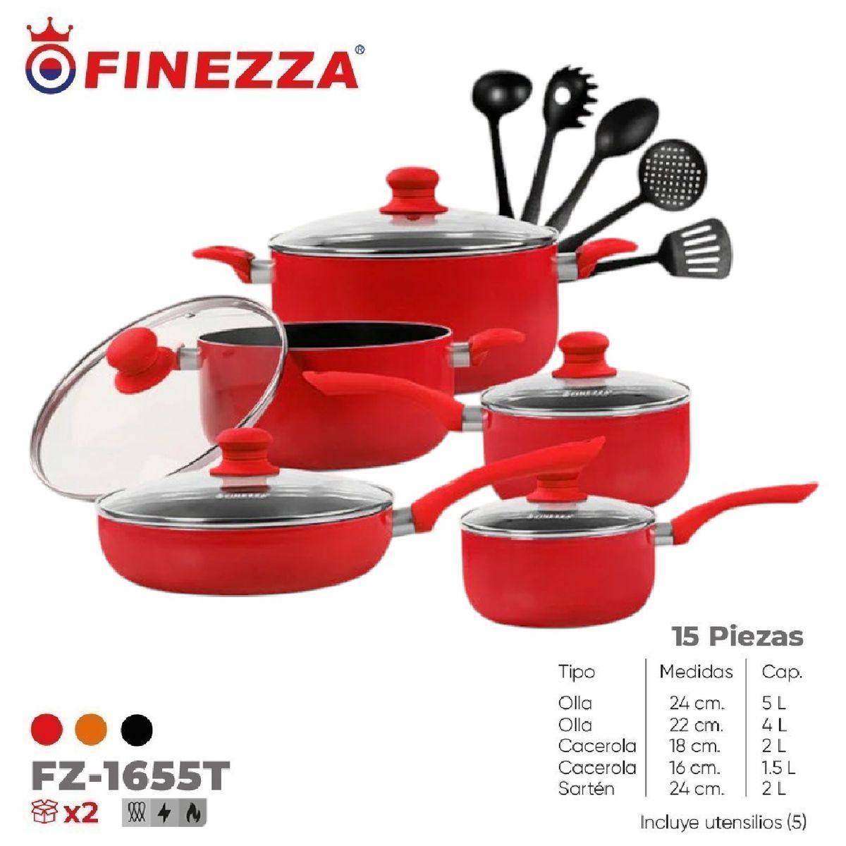FINEZZA - Juego de ollas antiadherentes de 15 pzs FZ-1655T-Rojo