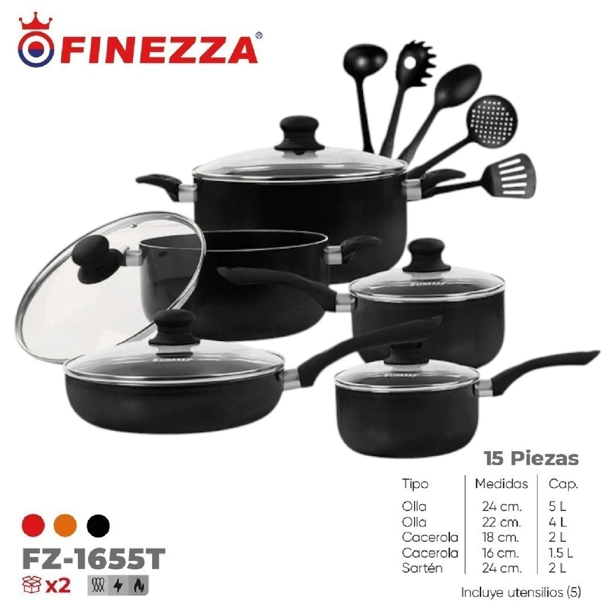 FINEZZA - Juego de ollas antiadherentes de 15 pzs FZ-1655T-Negro