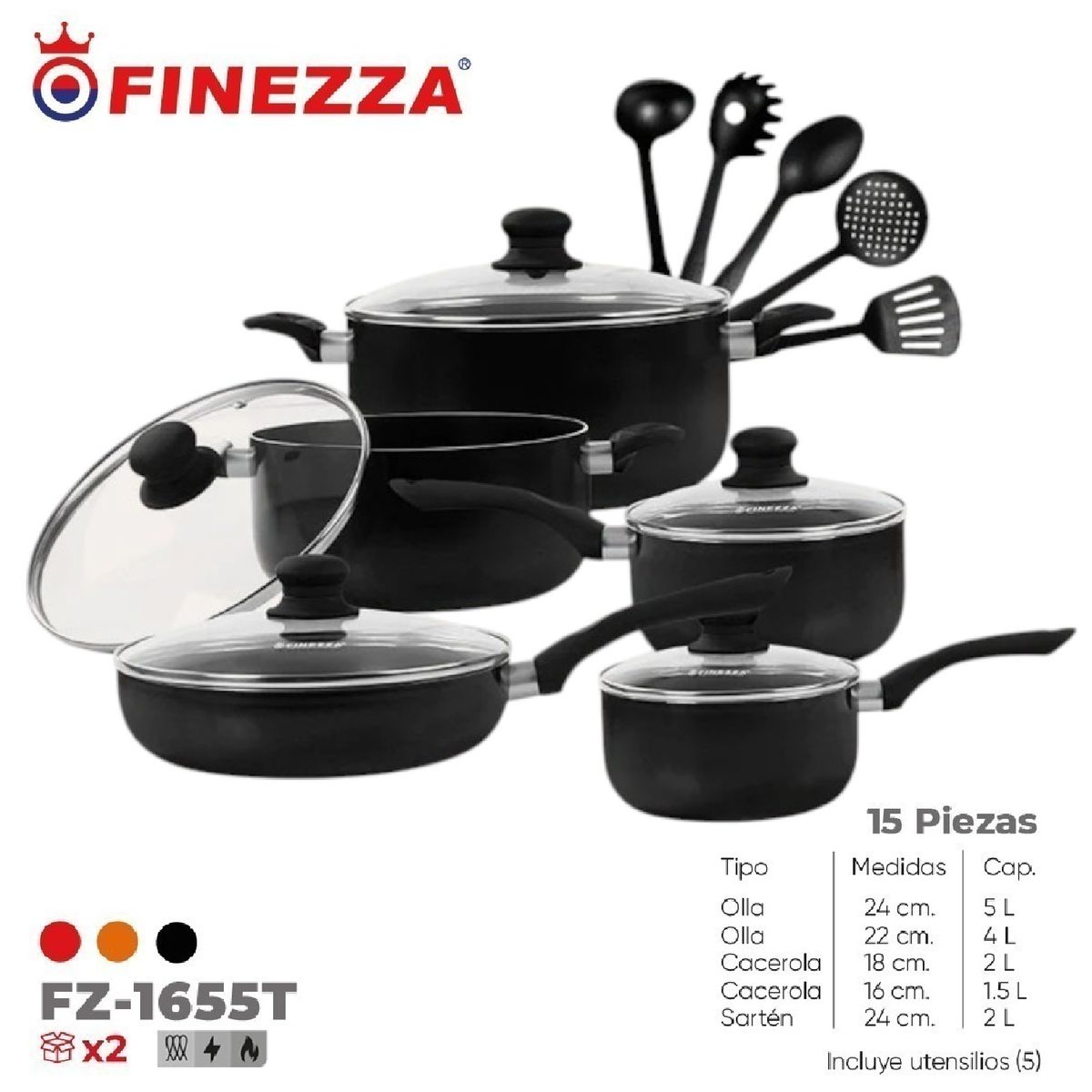 FINEZZA - Juego de ollas antiadherentes de 15 pzs FZ-1655T-Negro