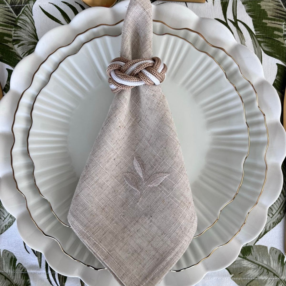 D'MESA - Set 4 aros servilleteros nudo náutico beige y blanco