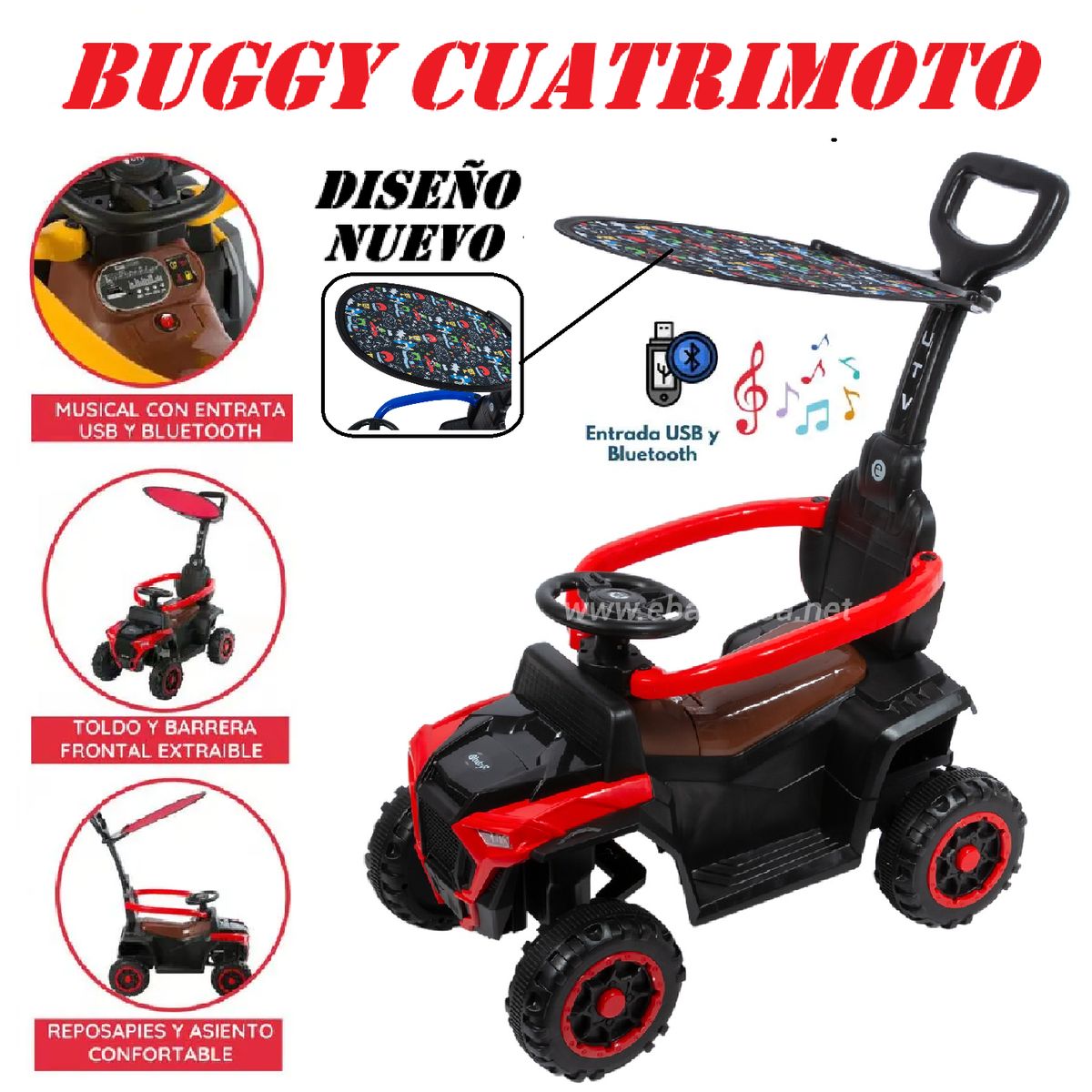 EBABY - Bugui Tractor Musical y Luces Sombrilla con Diseño -Rojo