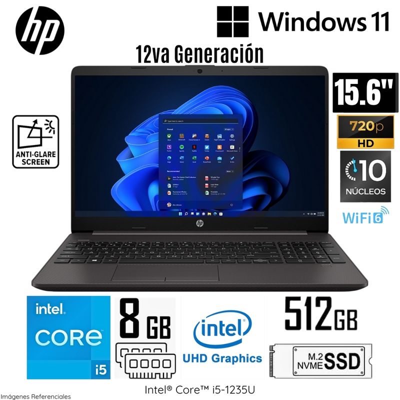 HP - Laptop HP 250 G9 Intel Core i5-1235U 8GB RAM 512GB SSD 15.6"  HD Gris Oscuro - 9S7D5AT