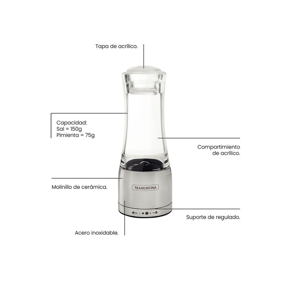 TRAMONTINA - MOLINILLO DE ACERO INOXIDABLE Y ACRILICO TRAMONTINA