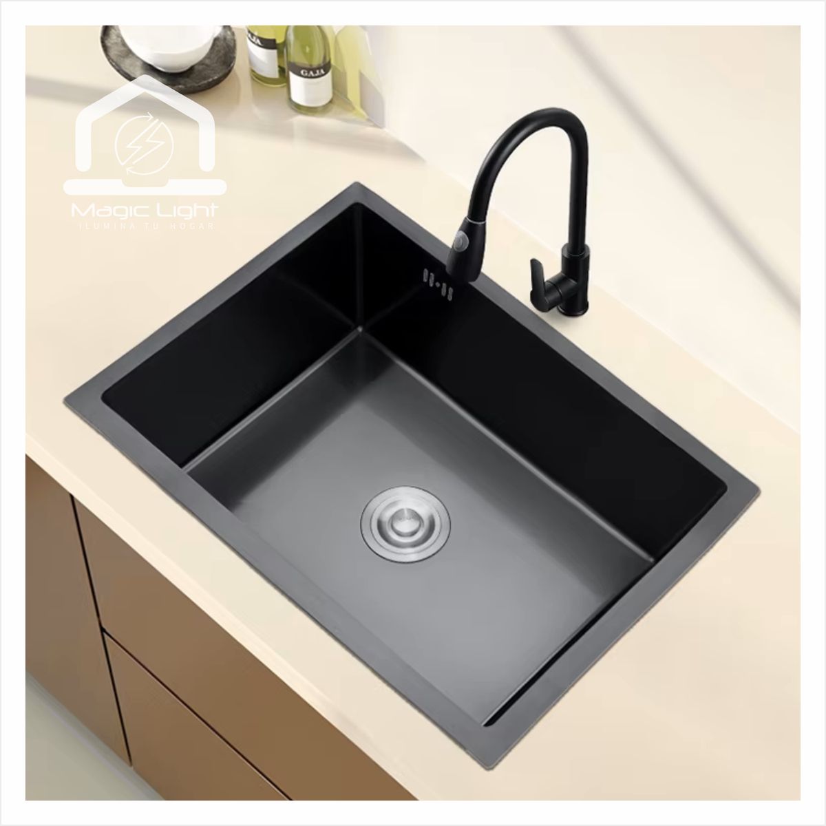 MAGIC - Lavadero de Cocina Acero Inoxidable 1 Poza Negro 60x45 cm