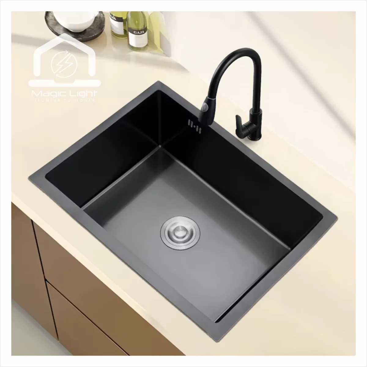 MAGIC - Lavadero de Cocina Acero Inoxidable 1 Poza Negro 60x45 cm