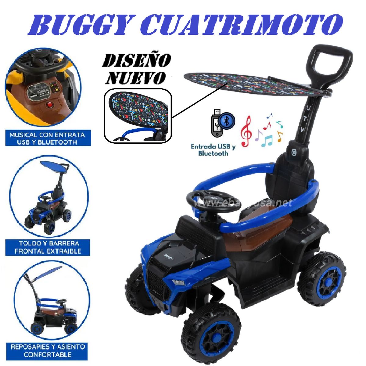 EBABY - Bugui Tractor Musical y Luces Sombrilla con Diseño -Azul