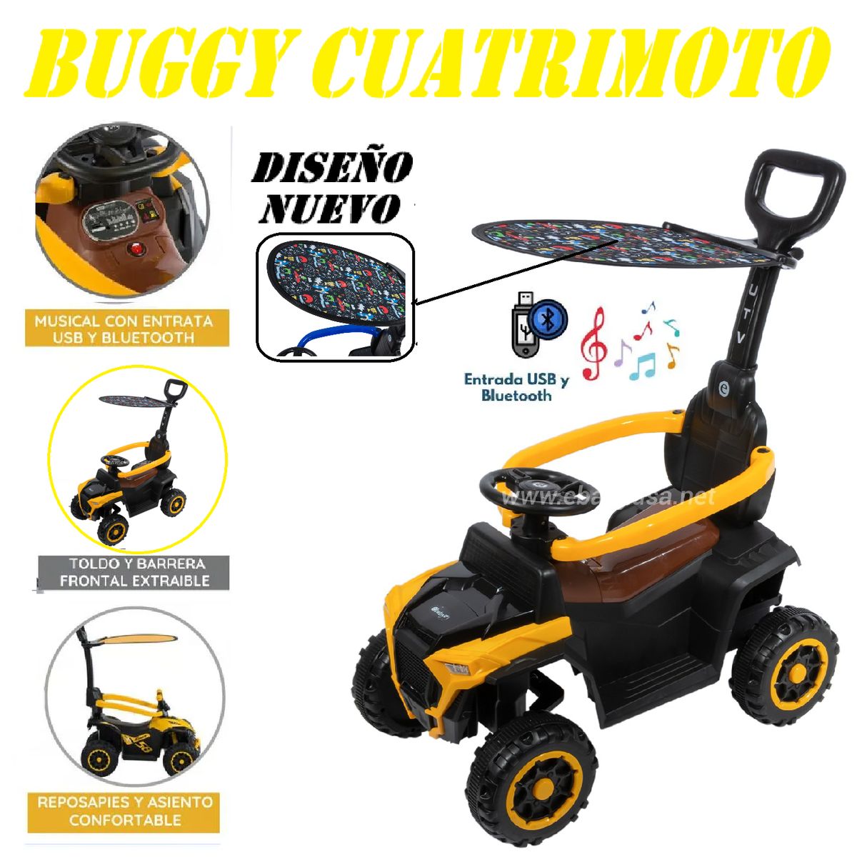 EBABY - Bugui Tractor Musical y Luces Sombrilla con Diseño -Amarillo