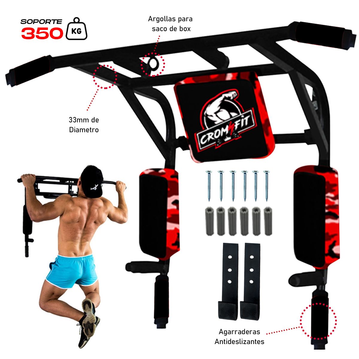 HOLGU - Barra Dominadas 15 en 1 + Hand Grip Regulable Guantes