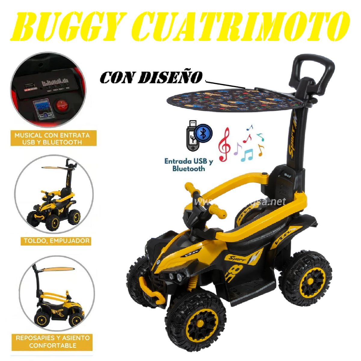 EBABY - Cuatrimoto Terra Musical y Luces Sombrilla con Diseño -Amarillo