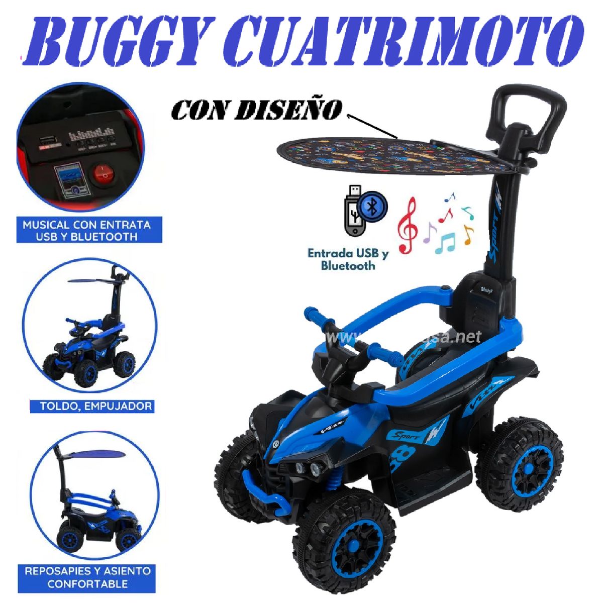 EBABY - Cuatrimoto Terra Musical y Luces Sombrilla con Diseño -Azul