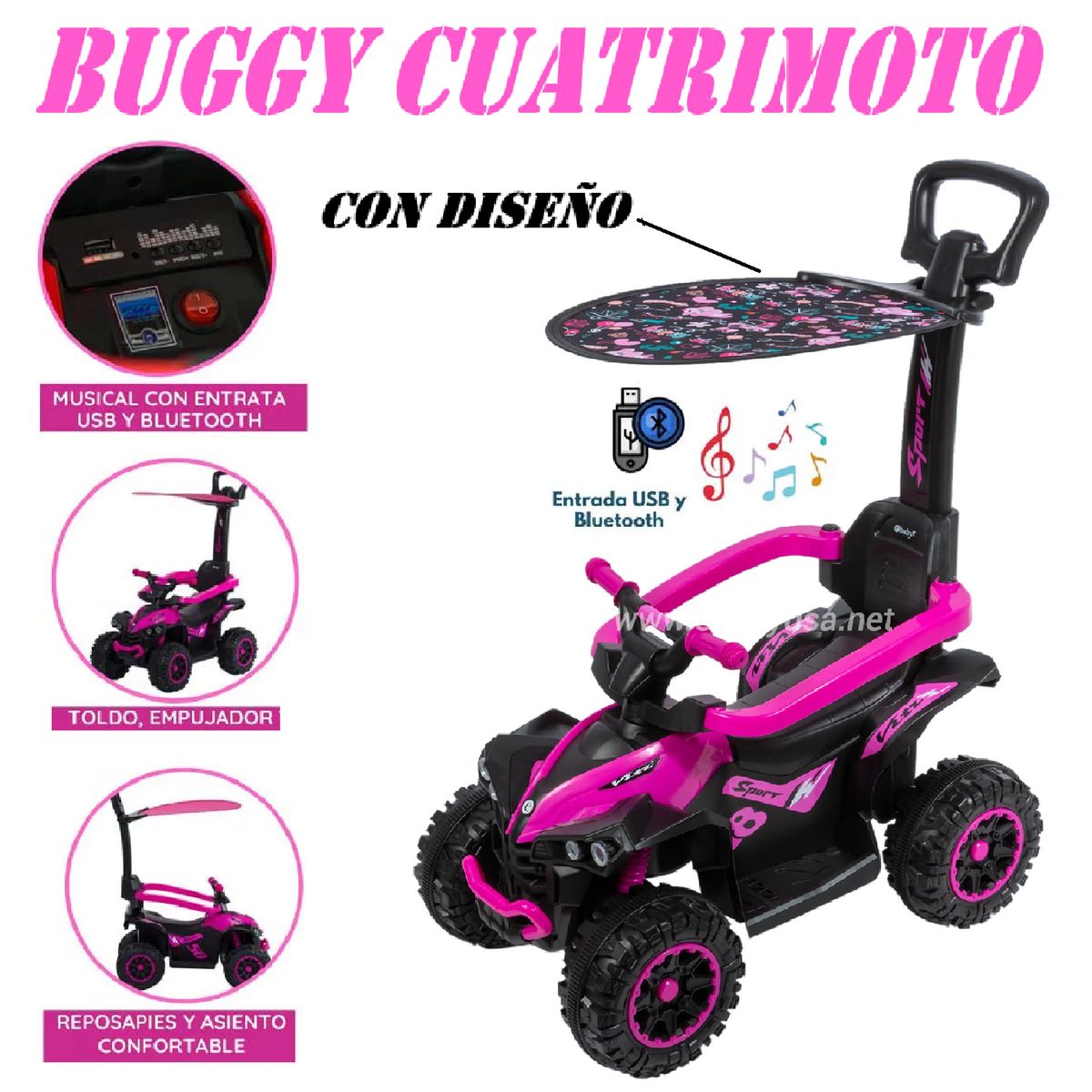 EBABY - Cuatrimoto Terra Musical y Luces Sombrilla con Diseño -Rosa