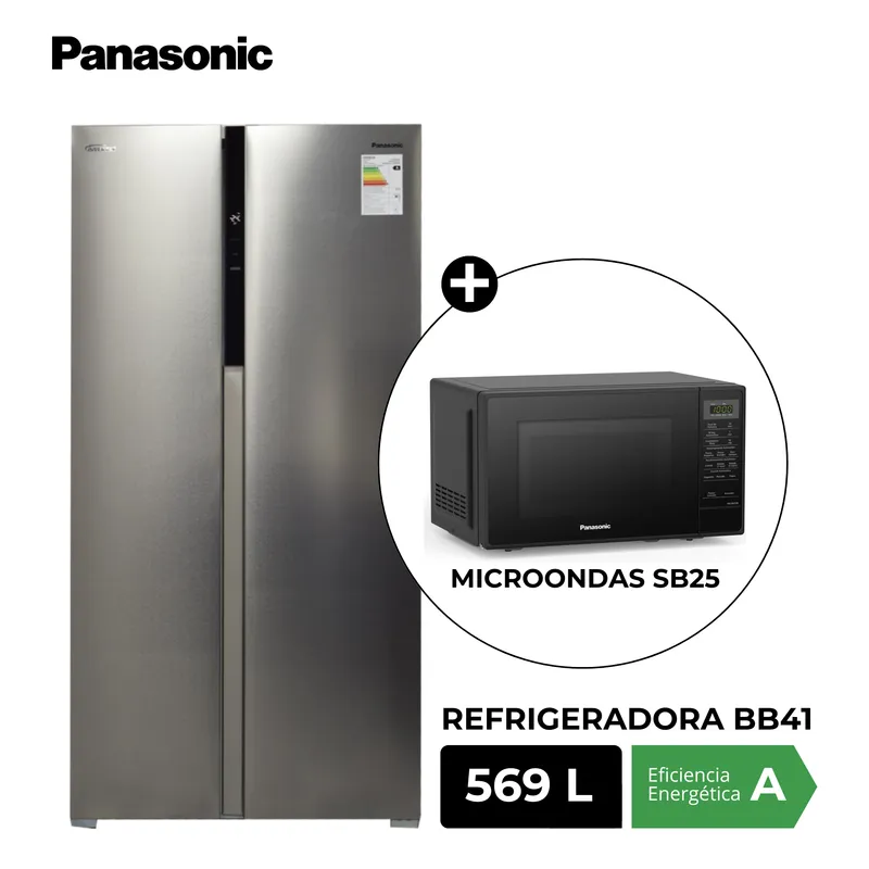 PANASONIC - Refrigeradora Side by Side NR-BS94 569L Silver + Microondas SB25 Negro 20L