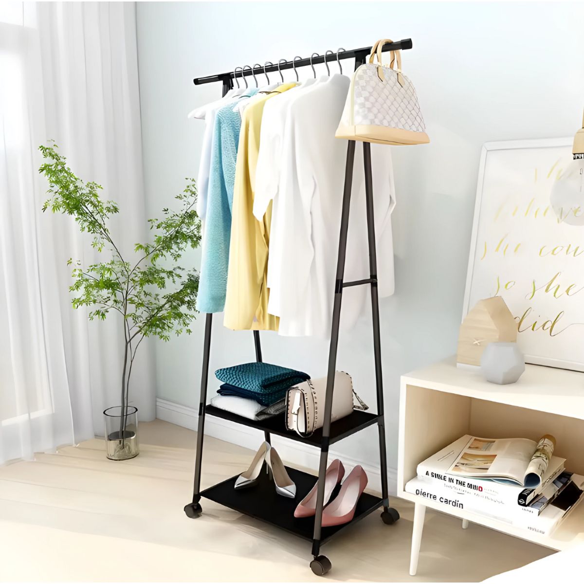 SM - ESTANTE ORGANIZADOR COLGADOR PERCHERO DE ROPA CON RUEDAS NEGRO