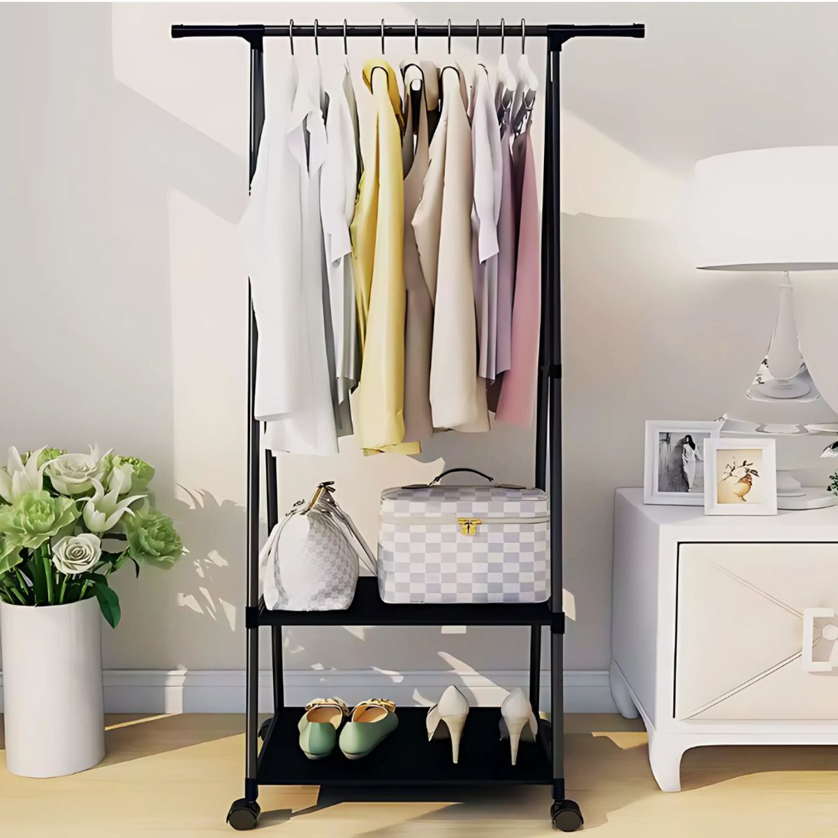 SM - ESTANTE ORGANIZADOR COLGADOR PERCHERO DE ROPA CON RUEDAS NEGRO