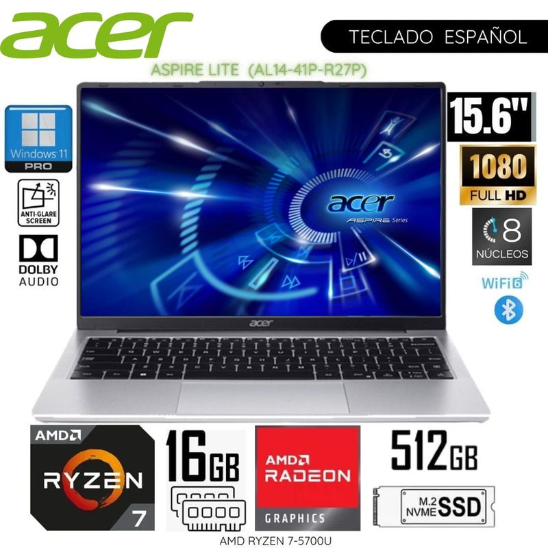 ACER - Laptop Acer Aspire AMD Ryzen 7-5700U 16GB RAM 512GB SSD 156 FHD AL14-41P-R27P