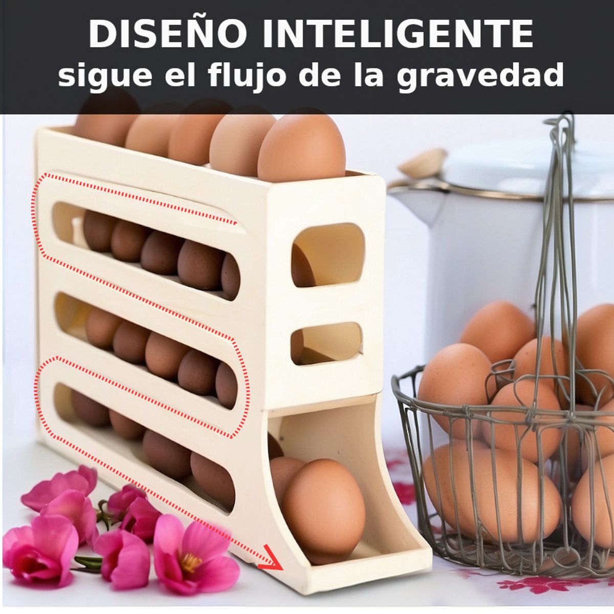 GENERICO - Contenedor Huevo 2en1 + Dispensador Porta huevo 4 Niv AUTO SCROLLING