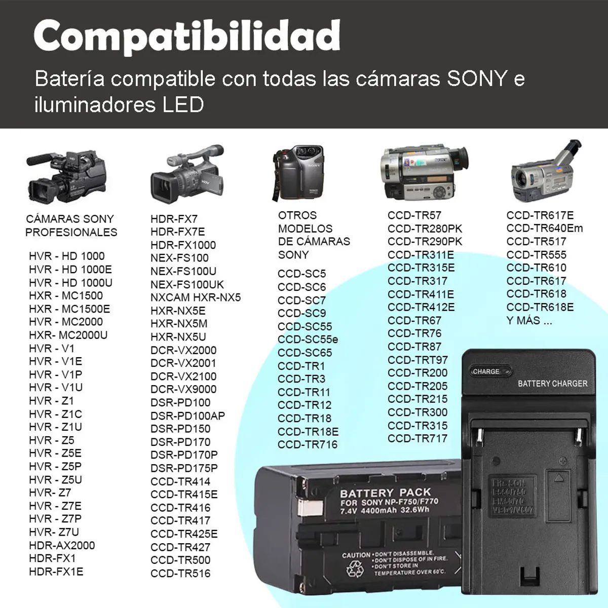 OEM - Kit Batería recargable F750/  F770 y cargador - cámaras SONY y Luz Led