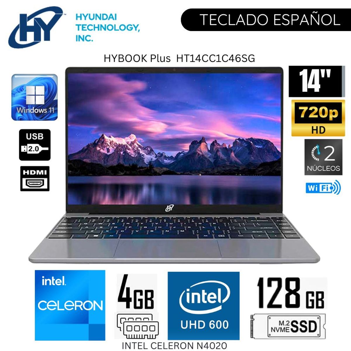 HYUNDAI - Laptop Hyundai Hybook Plus HT14CC1C46SG Intel Celeron N4020 4GB RAM 125GB SSD 14"  HD WIN 11 - Gris