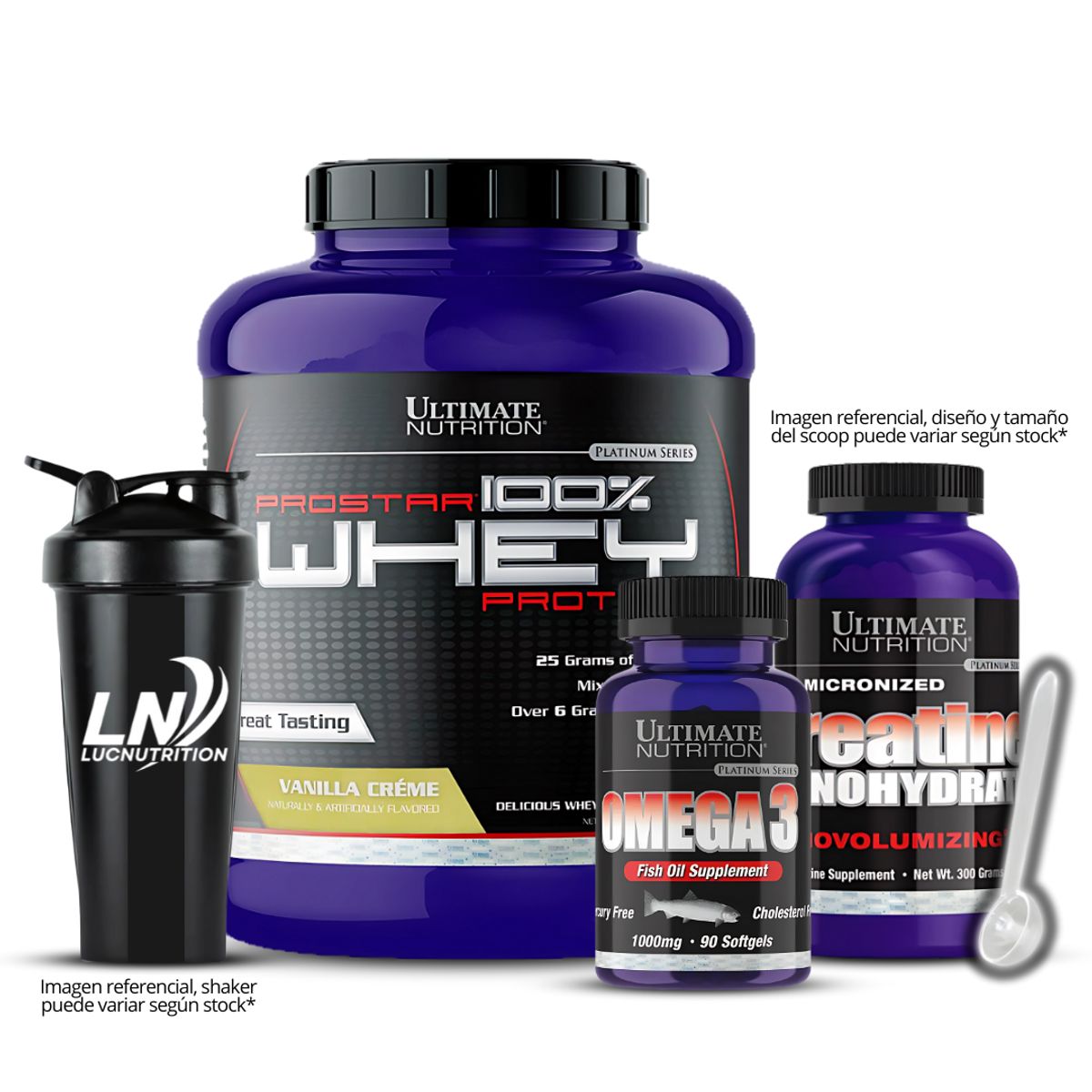 ULTIMATE NUTRITION - Prostar 100 % Whey 5 LB - Vainilla Crema + Creatina Ultimate 300 g + Omega 3 Ultimate 90 cap + Shaker Scoop