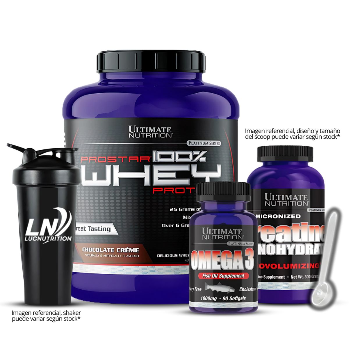 ULTIMATE NUTRITION - Prostar 5 LB Chocolate + Creatina Ultimate 300g + Omega 3 Ultimate 90 cap + shaker